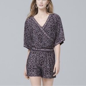 WHBM Romper Womens Medium Black Gray Kimono Sleeve V-neck Surplice Office Party